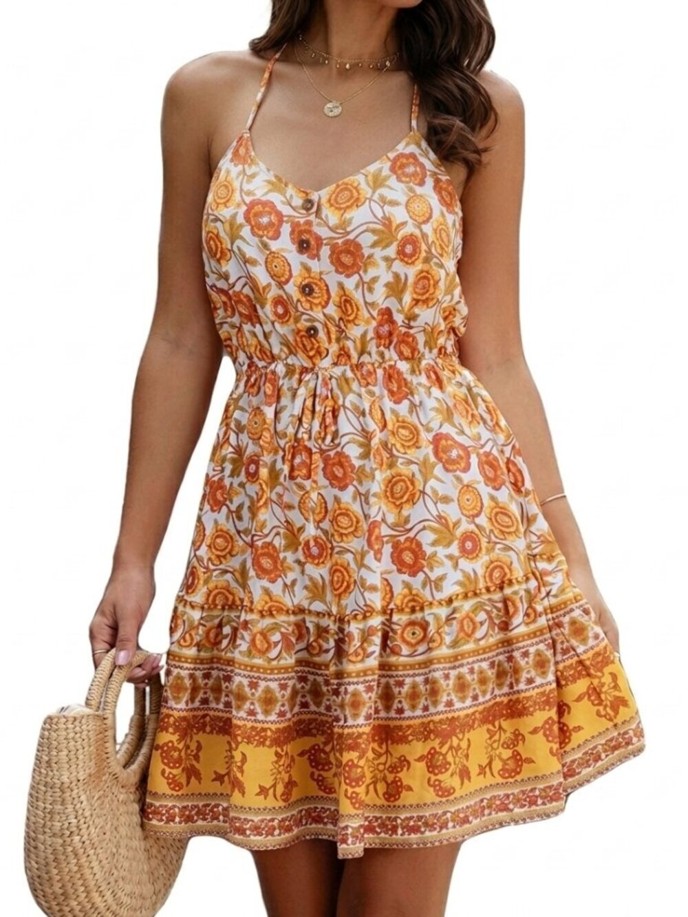 SHEIN White Orange Mustard Floral Border Print Boho Halter Dress ALTERED STRAPS